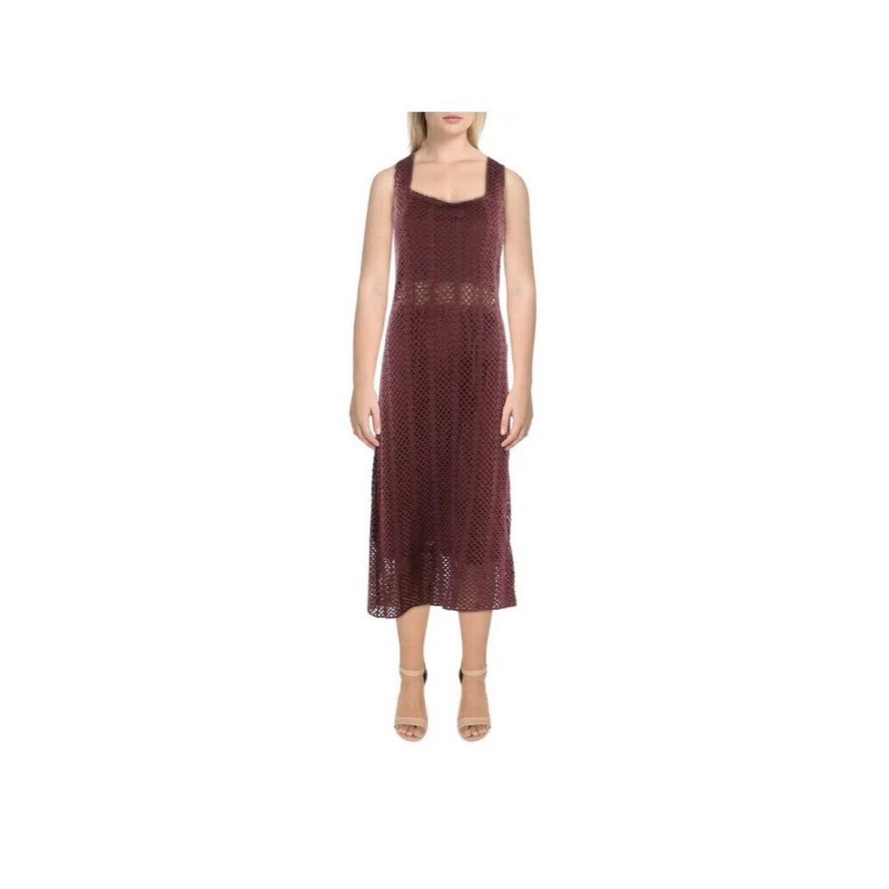 Lucy Paris Women's Size L Mia Crochet Brown Square Neck Midi Dress NEW